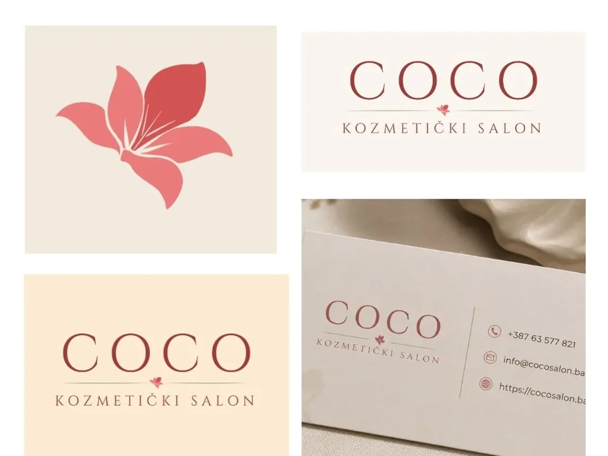 Logotip kozmetičkog salona Coco s cvjetnim znakom i prikazom primjene na poslovnoj kartici