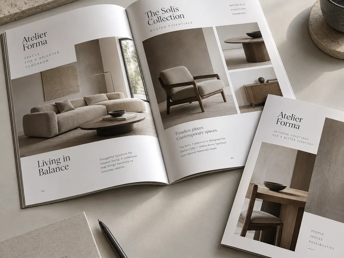 Otvoreni katalog namještaja Atelier Forma i usklađena brošura s fotografijama interijera