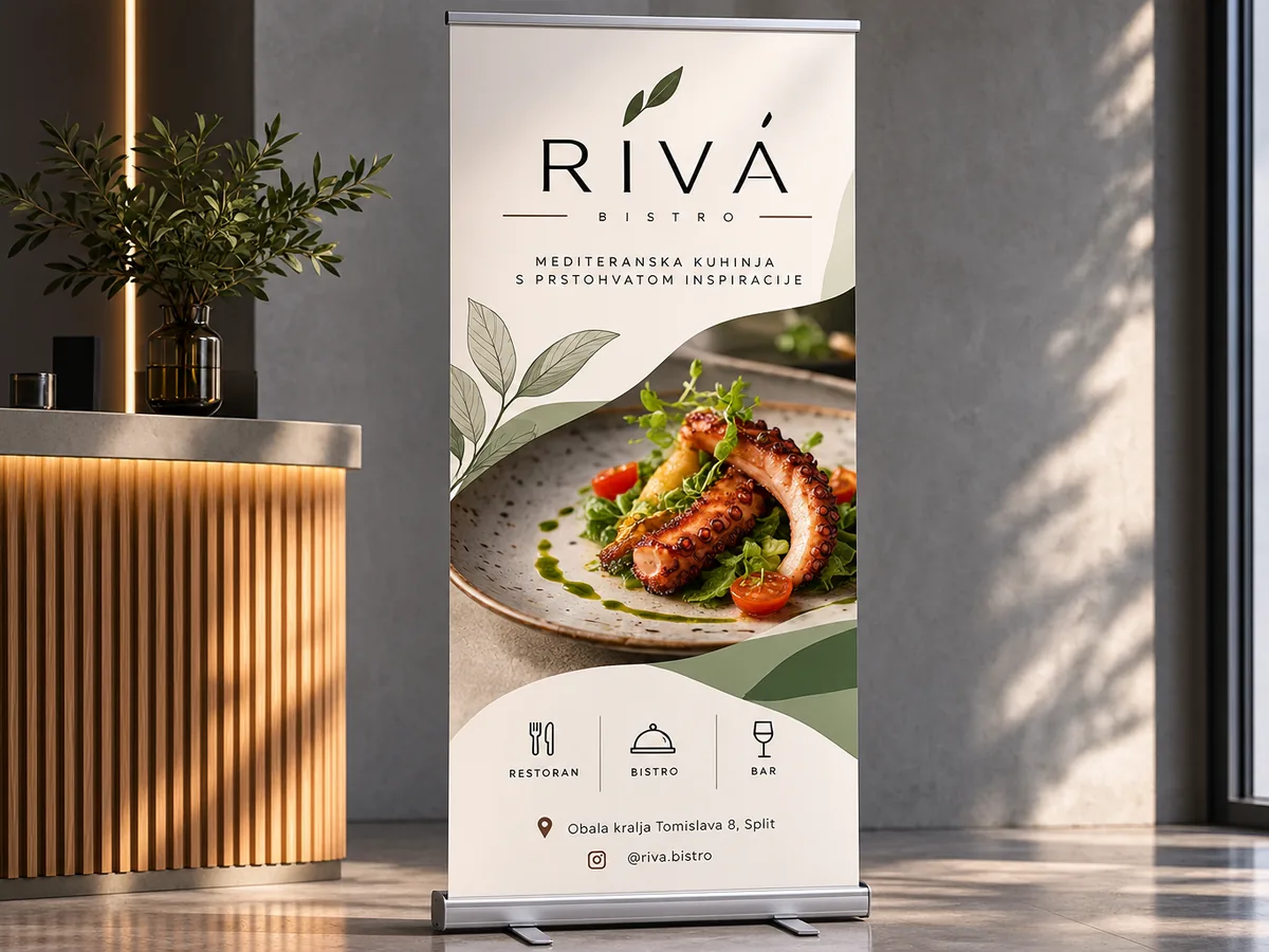 Roll-up banner bistroa Riva s mediteranskim motivima i fotografijom jela u interijeru
