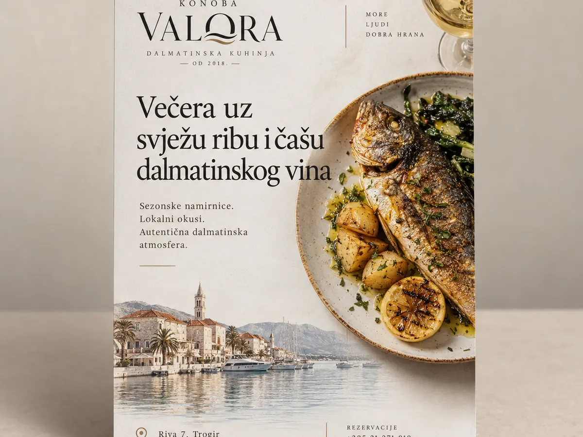 Promotivni letak konobe Valora s fotografijom ribljeg jela i dalmatinske obale