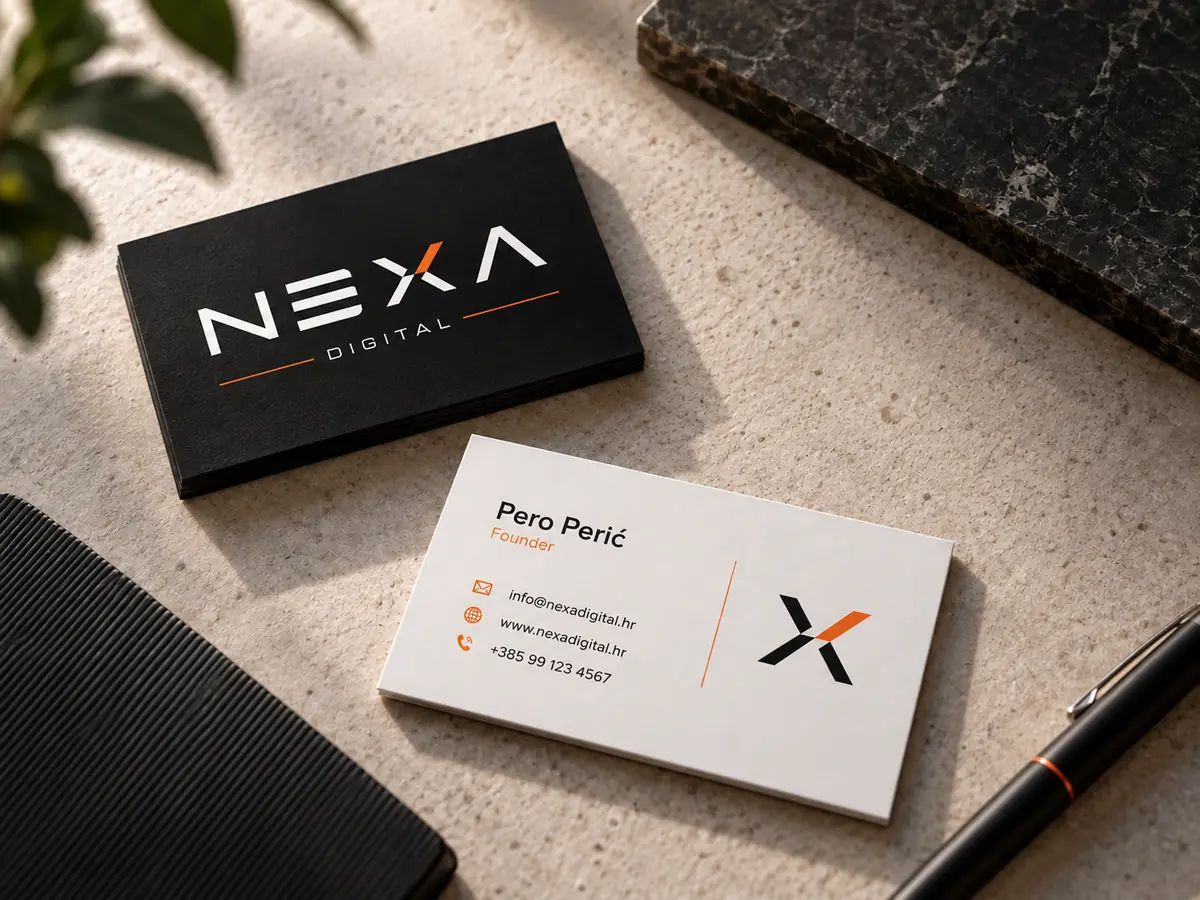 Crna i bijela NEXA Digital vizitka s narančastim detaljima na kamenoj podlozi