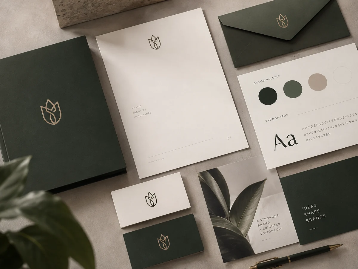 Usklađeni vizualni identitet s logotipom, vizitkama, omotnicom, paletom boja i tipografijom