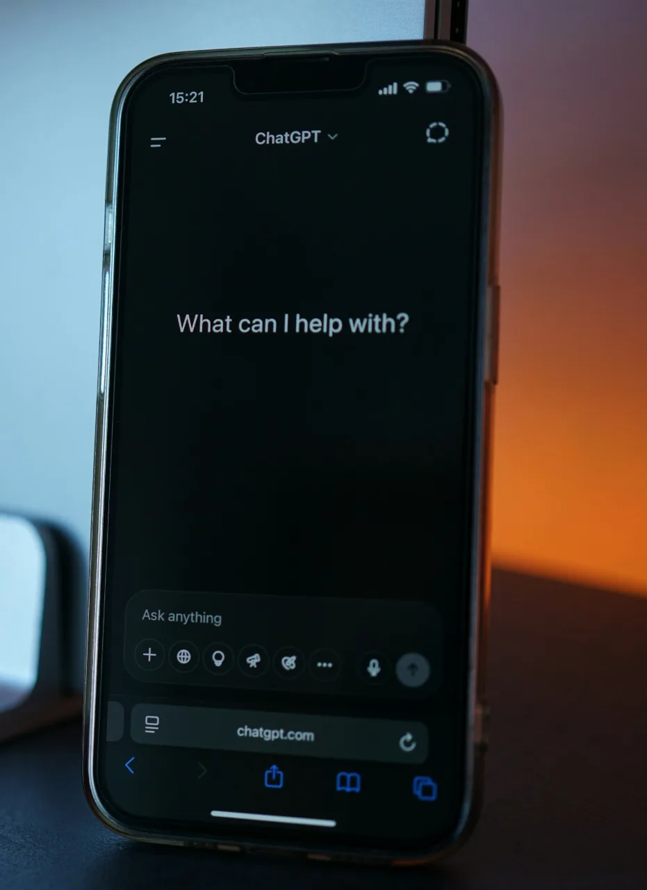 Sučelje AI asistenta za razgovor na telefonu pokraj laptopa.